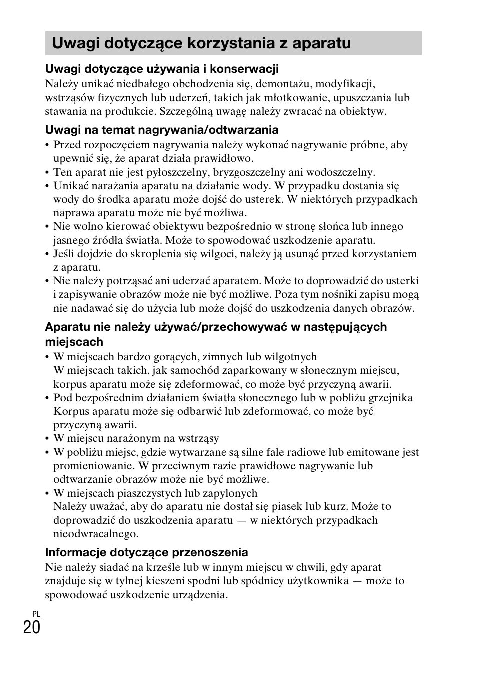 Uwagi dotyczące korzystania z aparatu | Sony DSC-W620 User Manual | Page 178 / 435
