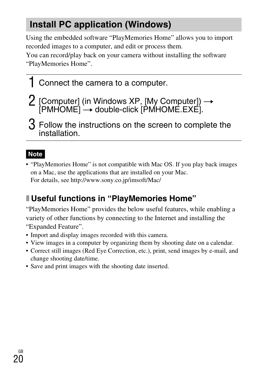 Install pc application (windows) | Sony DSC-W620 User Manual | Page 20 / 435