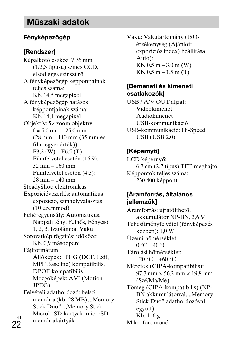 Műszaki adatok | Sony DSC-W620 User Manual | Page 226 / 435
