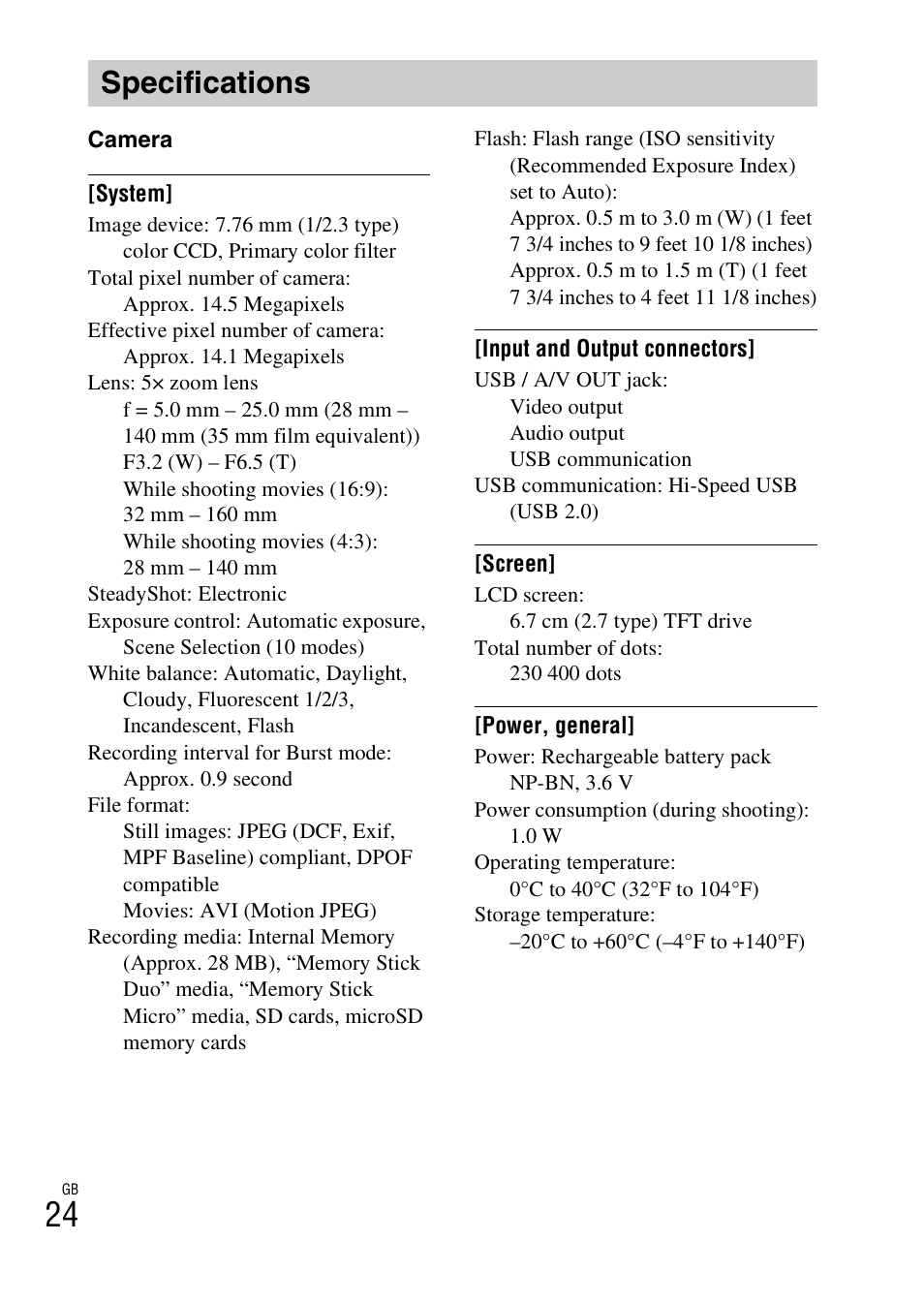 Specifications | Sony DSC-W620 User Manual | Page 24 / 435