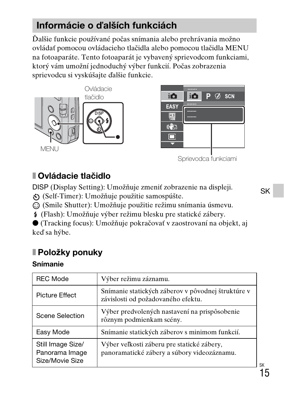 Informácie o ďalších funkciách, Xovládacie tlačidlo, Xpoložky ponuky | Sony DSC-W620 User Manual | Page 241 / 435