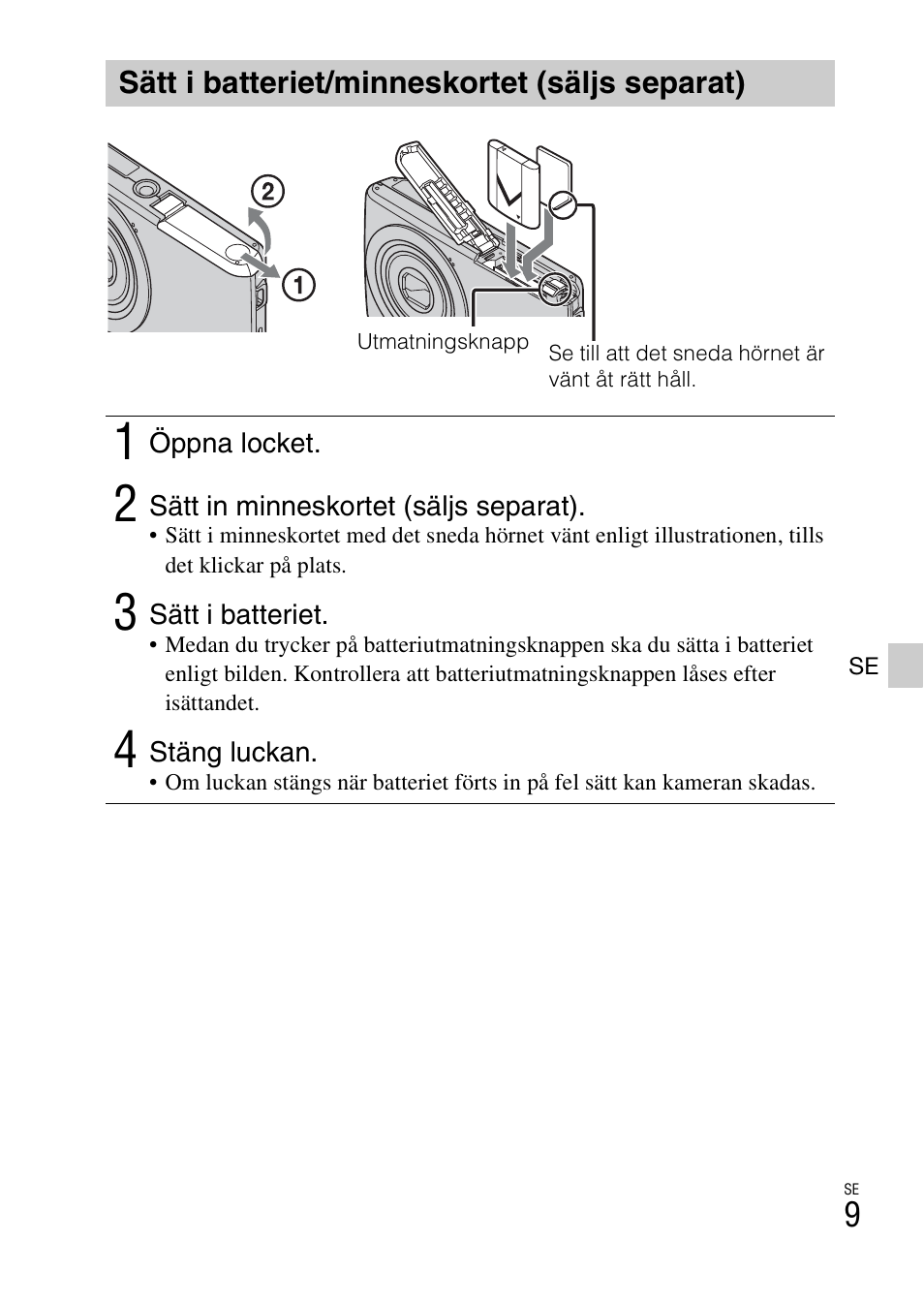 Sätt i batteriet/minneskortet (säljs separat) | Sony DSC-W620 User Manual | Page 257 / 435