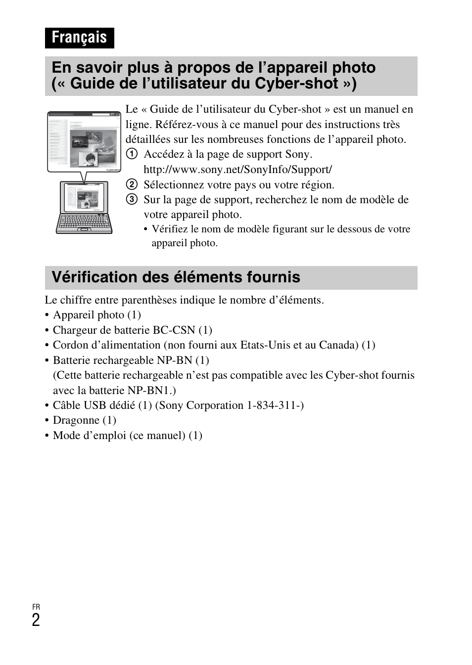 Français, Vérification des éléments fournis | Sony DSC-W620 User Manual | Page 26 / 435