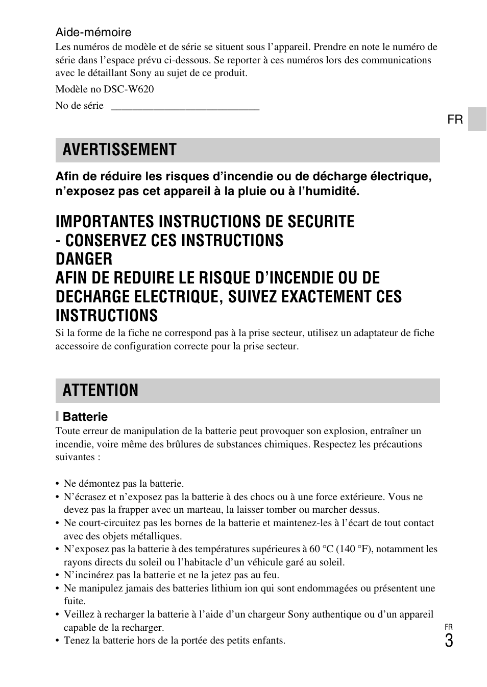 Avertissement attention | Sony DSC-W620 User Manual | Page 27 / 435