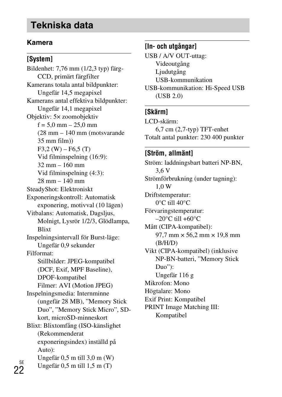 Tekniska data | Sony DSC-W620 User Manual | Page 270 / 435