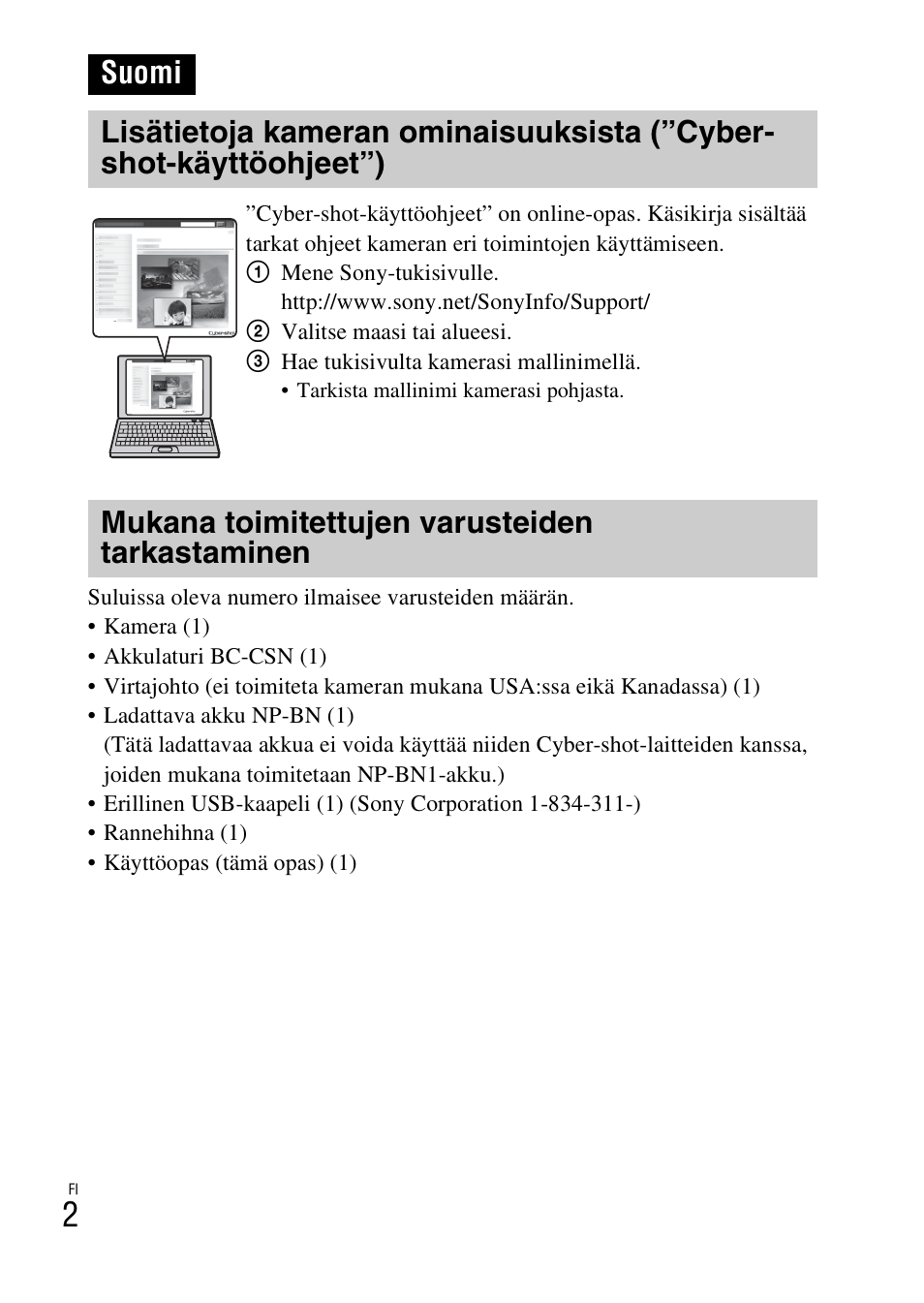 Suomi, Mukana toimitettujen varusteiden tarkastaminen | Sony DSC-W620 User Manual | Page 272 / 435