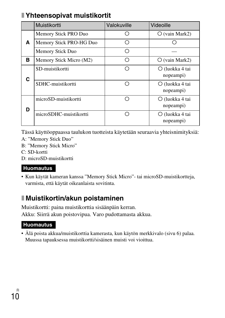 Xyhteensopivat muistikortit, Xmuistikortin/akun poistaminen | Sony DSC-W620 User Manual | Page 280 / 435