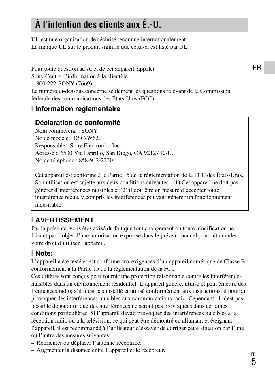 À l’intention des clients aux é.-u | Sony DSC-W620 User Manual | Page 29 / 435
