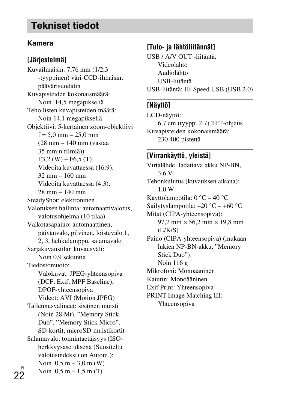 Tekniset tiedot | Sony DSC-W620 User Manual | Page 292 / 435