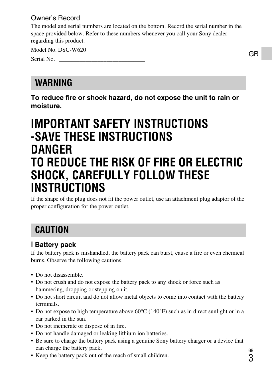 Warning caution | Sony DSC-W620 User Manual | Page 3 / 435