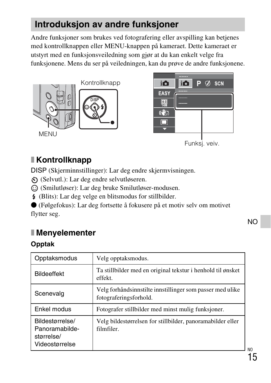 Introduksjon av andre funksjoner, Xkontrollknapp, Xmenyelementer | Sony DSC-W620 User Manual | Page 307 / 435