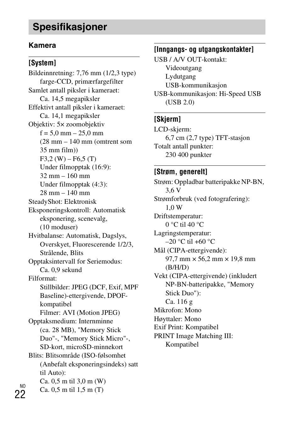 Spesifikasjoner | Sony DSC-W620 User Manual | Page 314 / 435