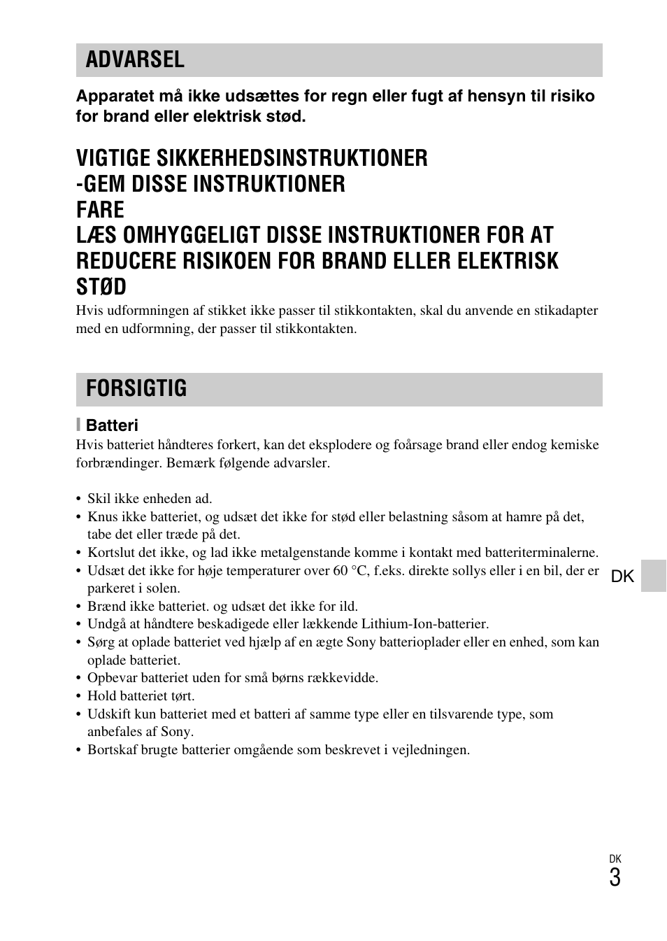 Advarsel forsigtig | Sony DSC-W620 User Manual | Page 317 / 435