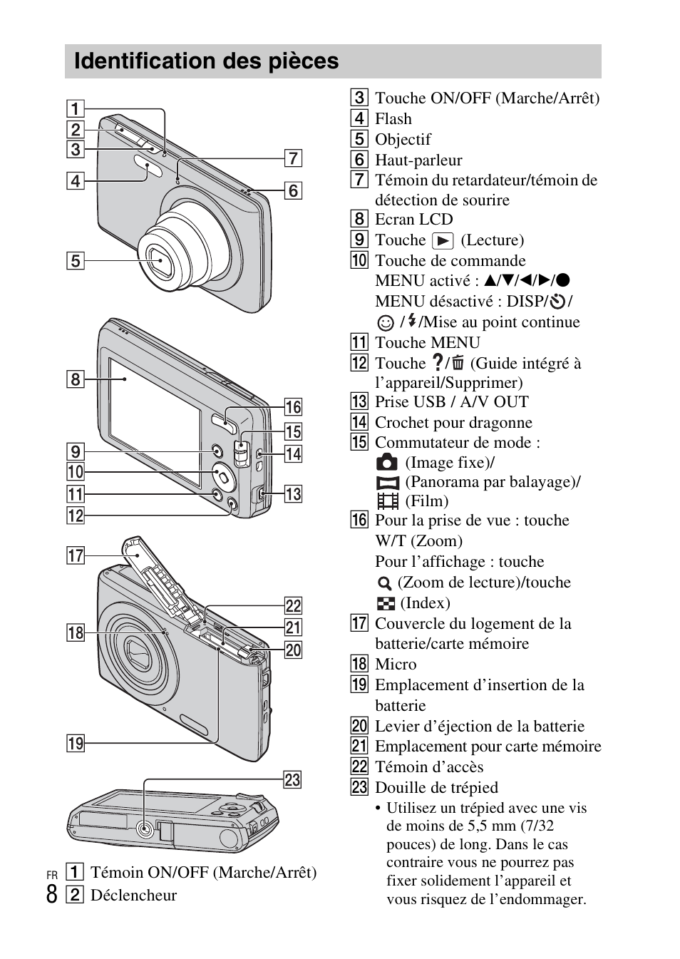 Identification des pièces | Sony DSC-W620 User Manual | Page 32 / 435
