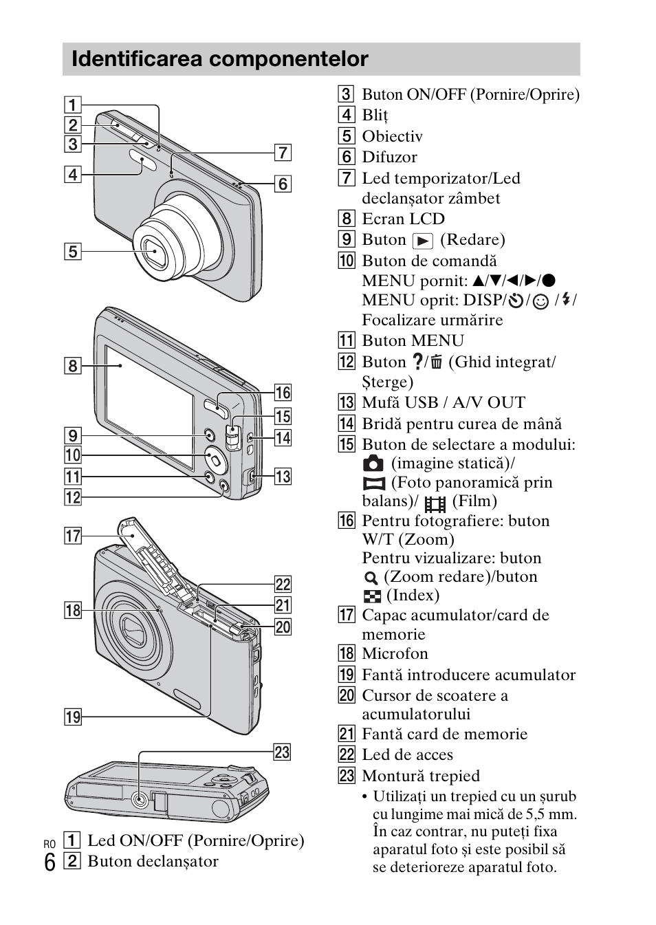 Identificarea componentelor | Sony DSC-W620 User Manual | Page 364 / 435
