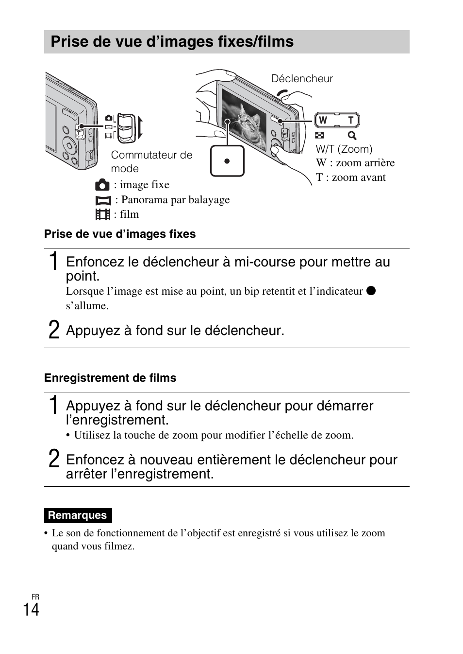 Prise de vue d’images fixes/films | Sony DSC-W620 User Manual | Page 38 / 435