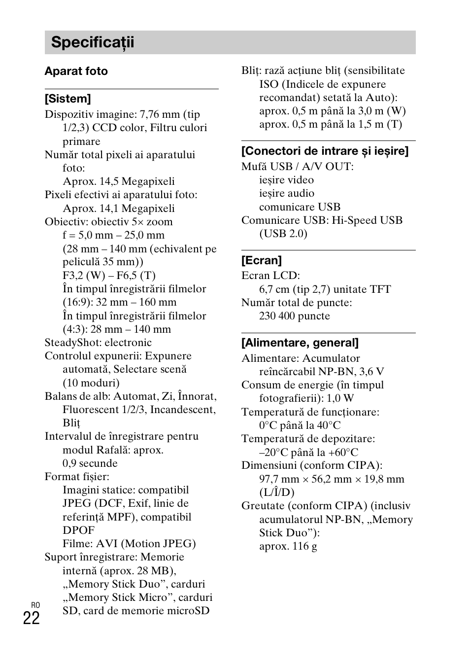 Specificaţii | Sony DSC-W620 User Manual | Page 380 / 435