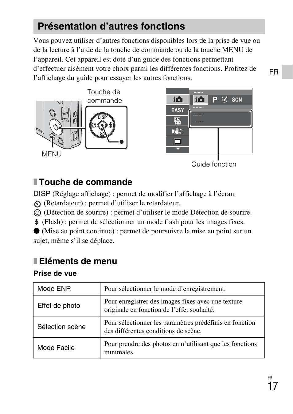 Présentation d’autres fonctions, Xtouche de commande, Xeléments de menu | Sony DSC-W620 User Manual | Page 41 / 435