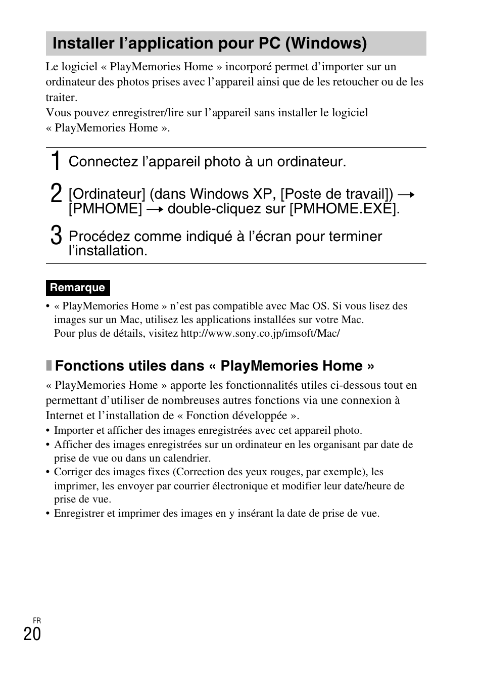 Installer l’application pour pc (windows) | Sony DSC-W620 User Manual | Page 44 / 435