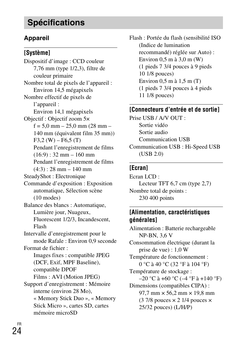 Spécifications | Sony DSC-W620 User Manual | Page 48 / 435