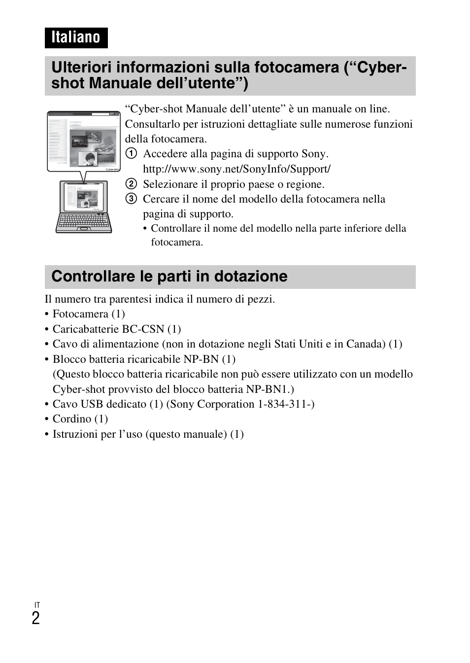 Italiano, Controllare le parti in dotazione | Sony DSC-W620 User Manual | Page 50 / 435