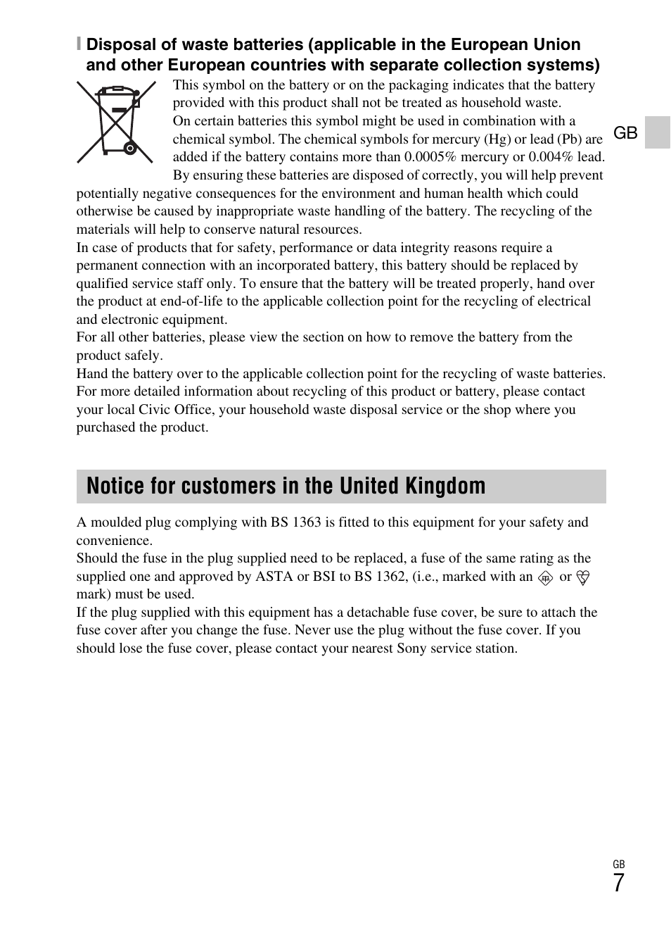 Notice for customers in the united kingdom | Sony DSC-W620 User Manual | Page 7 / 435