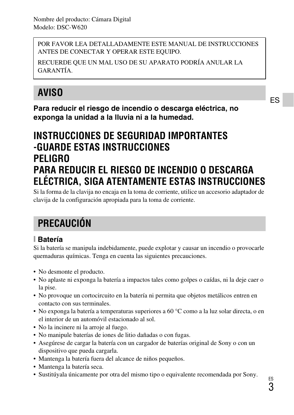 Aviso precaución | Sony DSC-W620 User Manual | Page 73 / 435