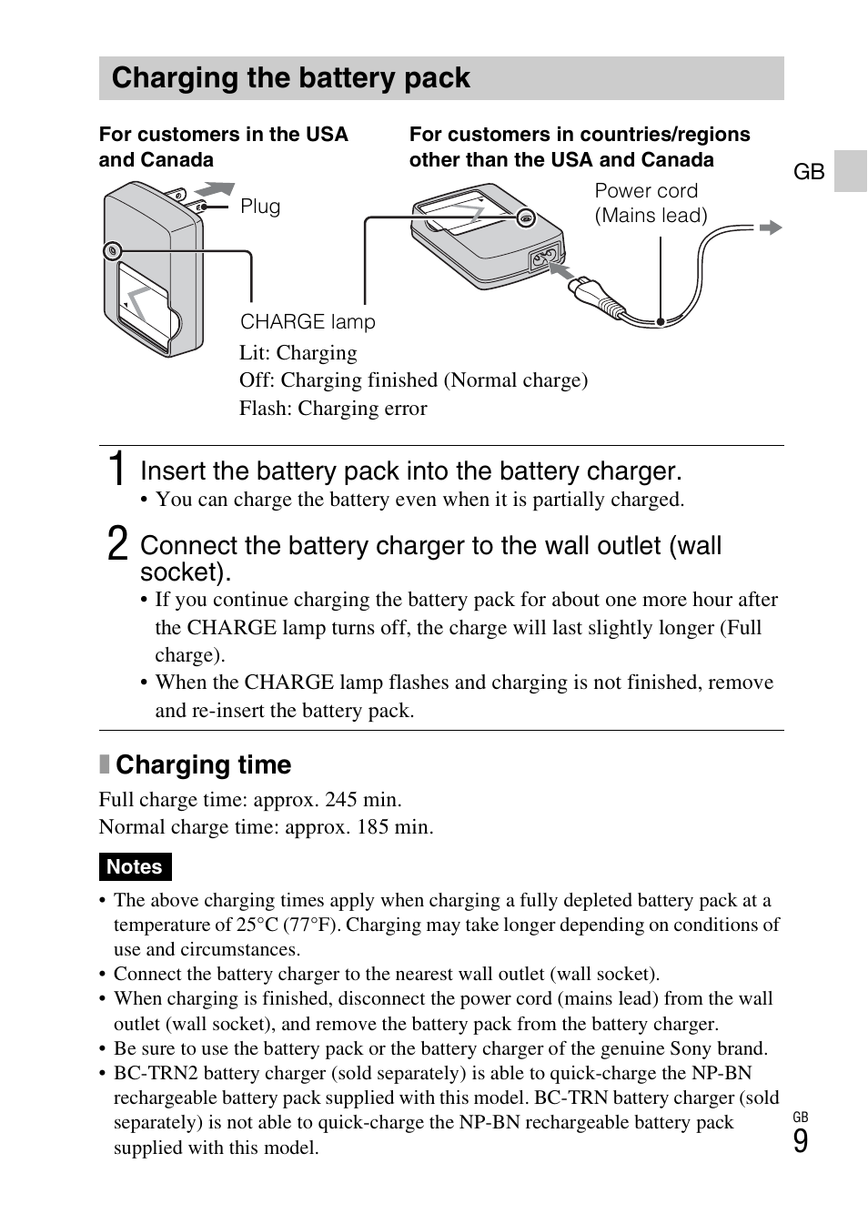 Charging the battery pack | Sony DSC-W620 User Manual | Page 9 / 435