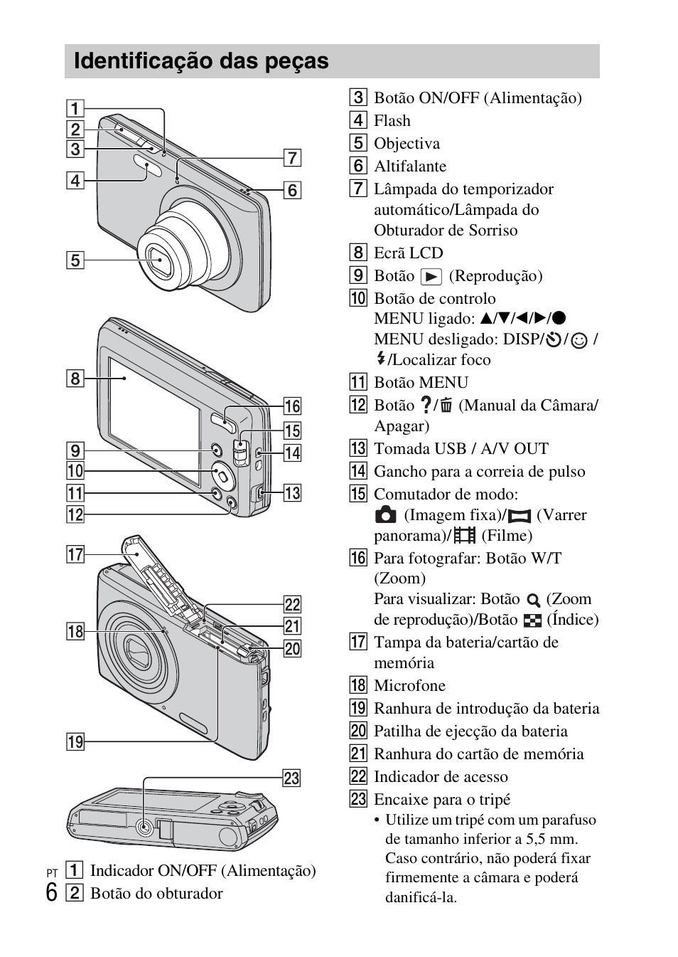 Identificação das peças | Sony DSC-W620 User Manual | Page 98 / 435