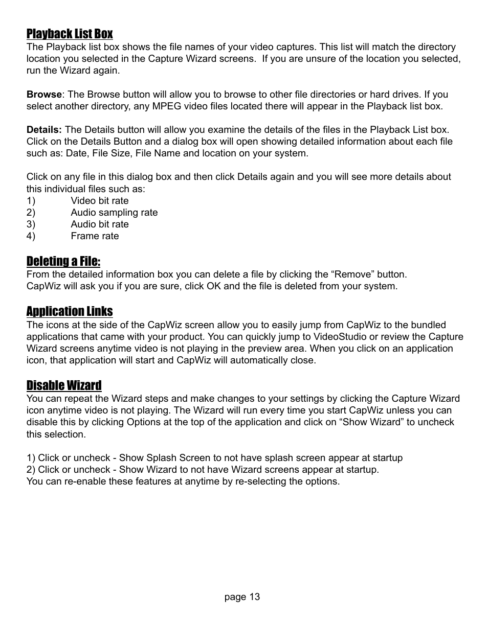Playback list box, Deleting a file, Application links | Disable wizard | ADS Technologies CD or DVD Hardware User Manual | Page 13 / 29