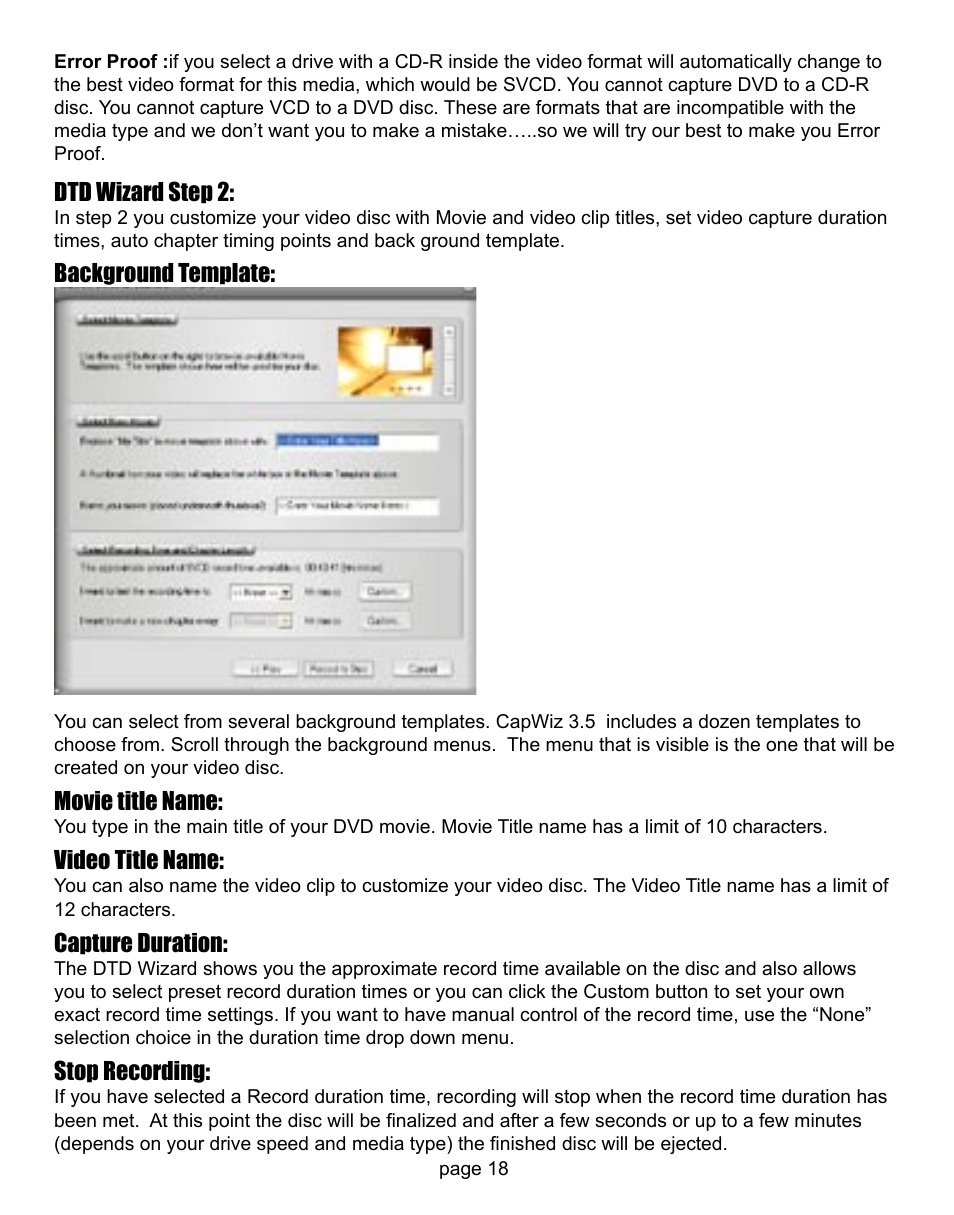 Dtd wizard step 2, Background template, Movie title name | Video title name, Capture duration, Stop recording | ADS Technologies CD or DVD Hardware User Manual | Page 18 / 29