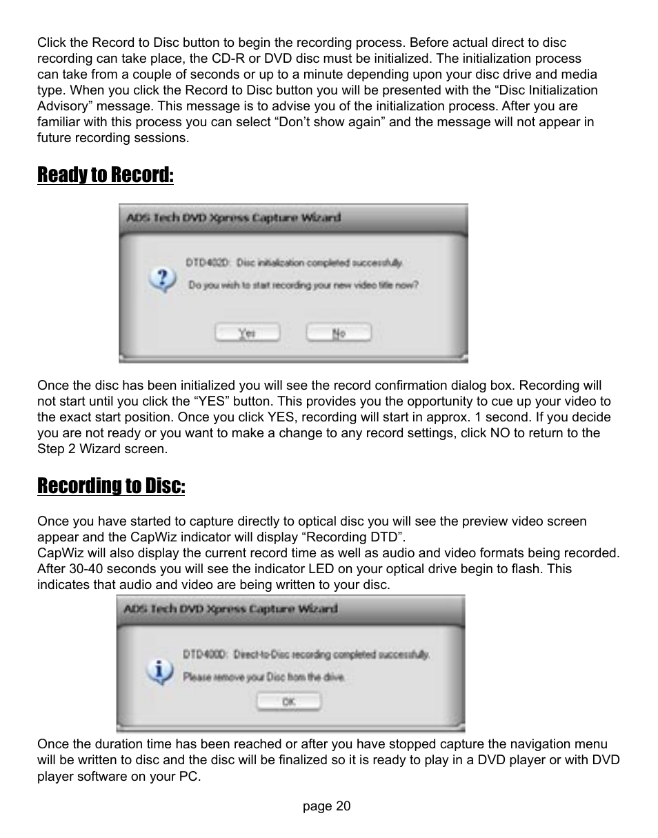 Ready to record, Recording to disc | ADS Technologies CD or DVD Hardware User Manual | Page 20 / 29