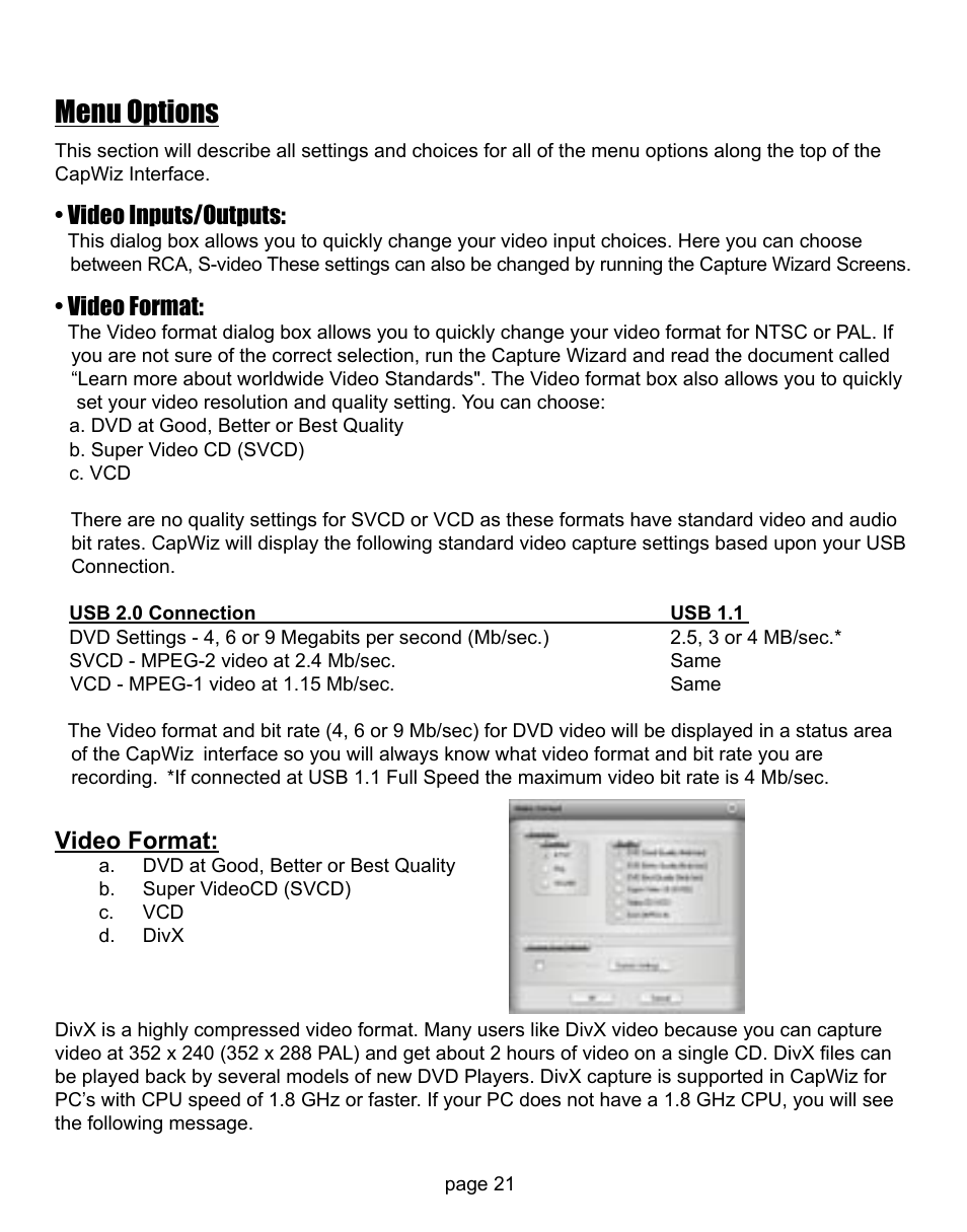 Menu options, Video inputs/outputs, Video format | ADS Technologies CD or DVD Hardware User Manual | Page 21 / 29