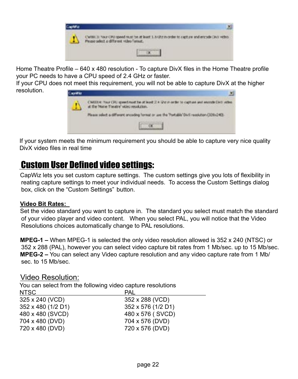 Custom user defined video settings, Video resolution | ADS Technologies CD or DVD Hardware User Manual | Page 22 / 29