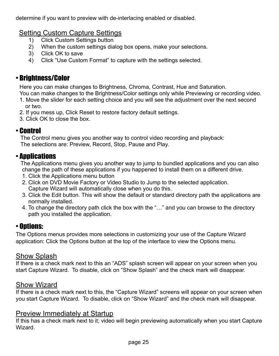 Setting custom capture settings, Brightness/color, Control | Applications, Show splash, Show wizard, Preview immediately at startup, Options | ADS Technologies CD or DVD Hardware User Manual | Page 25 / 29