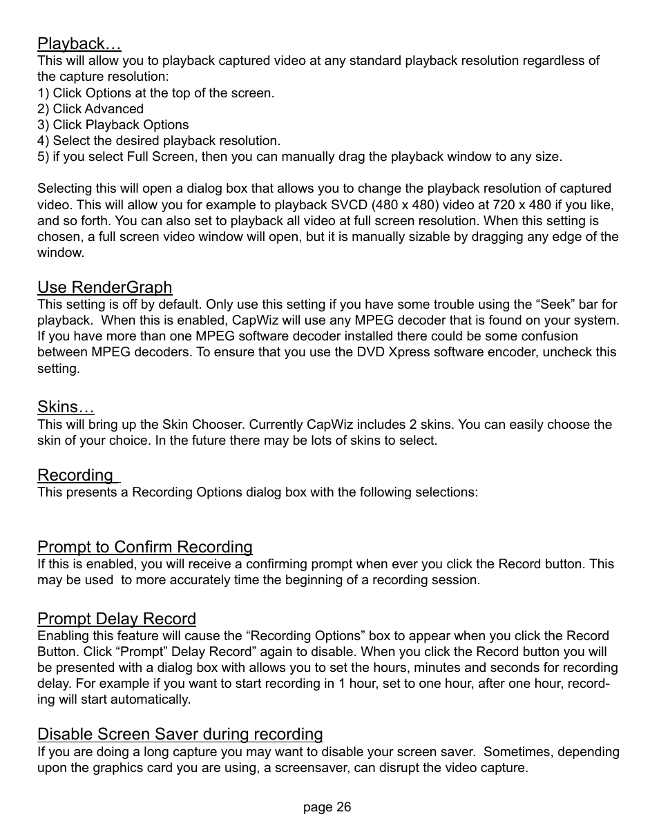 Playback, Use rendergraph, Skins | Recording, Prompt to confirm recording, Prompt delay record, Disable screen saver during recording | ADS Technologies CD or DVD Hardware User Manual | Page 26 / 29