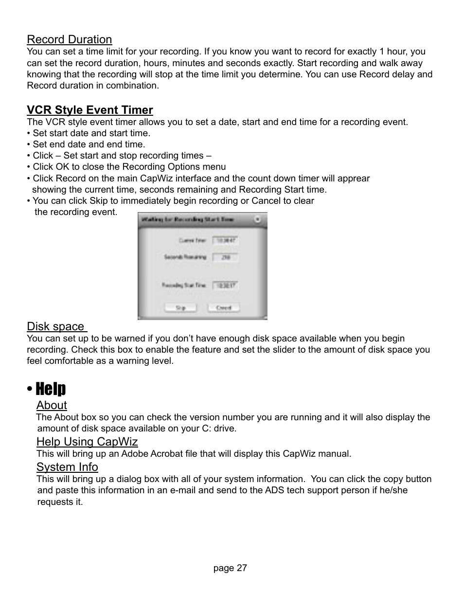 Help, Record duration, Vcr style event timer | Disk space, About, Help using capwiz, System info | ADS Technologies CD or DVD Hardware User Manual | Page 27 / 29