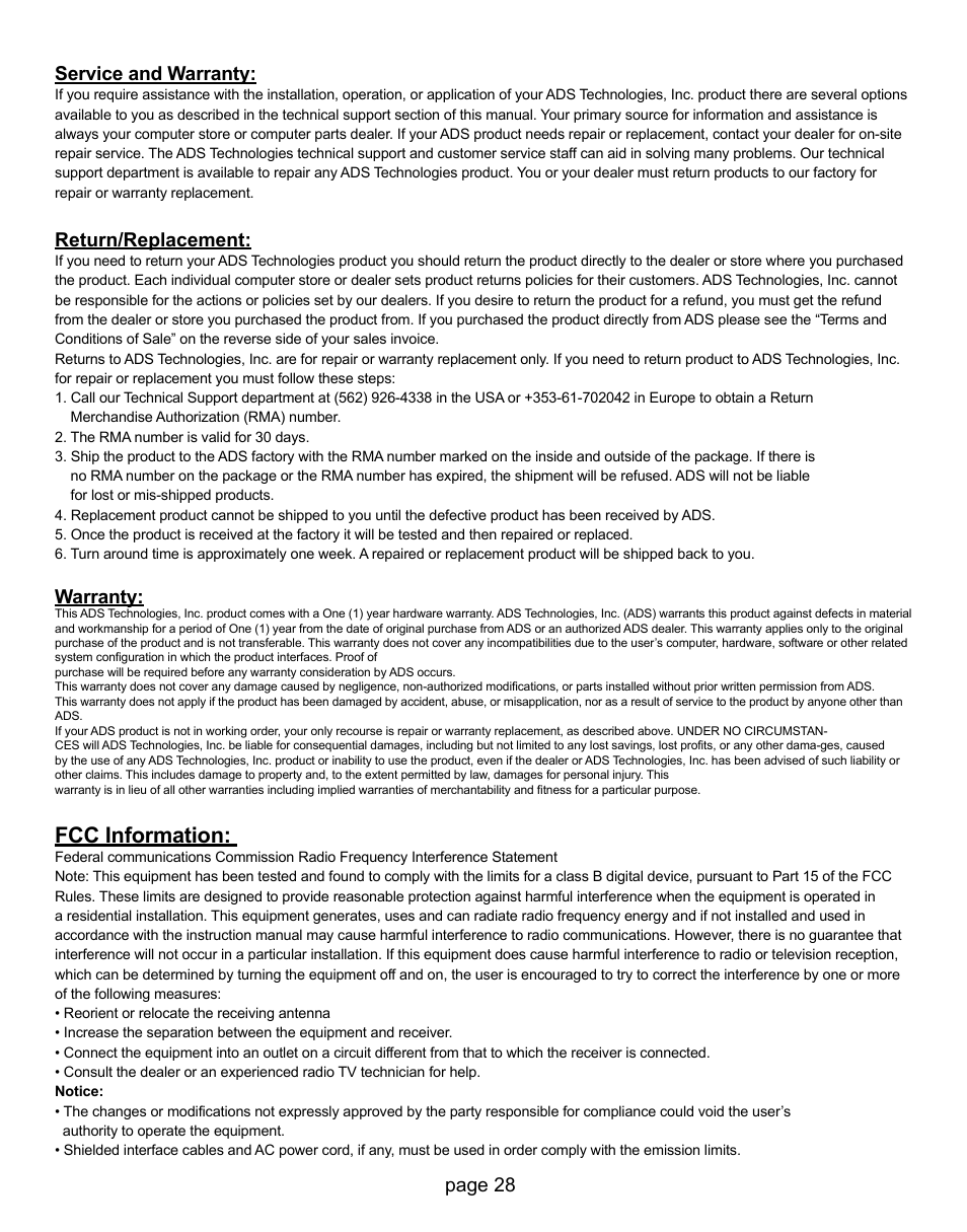 Fcc information, Page 28 service and warranty, Return/replacement | Warranty | ADS Technologies CD or DVD Hardware User Manual | Page 28 / 29