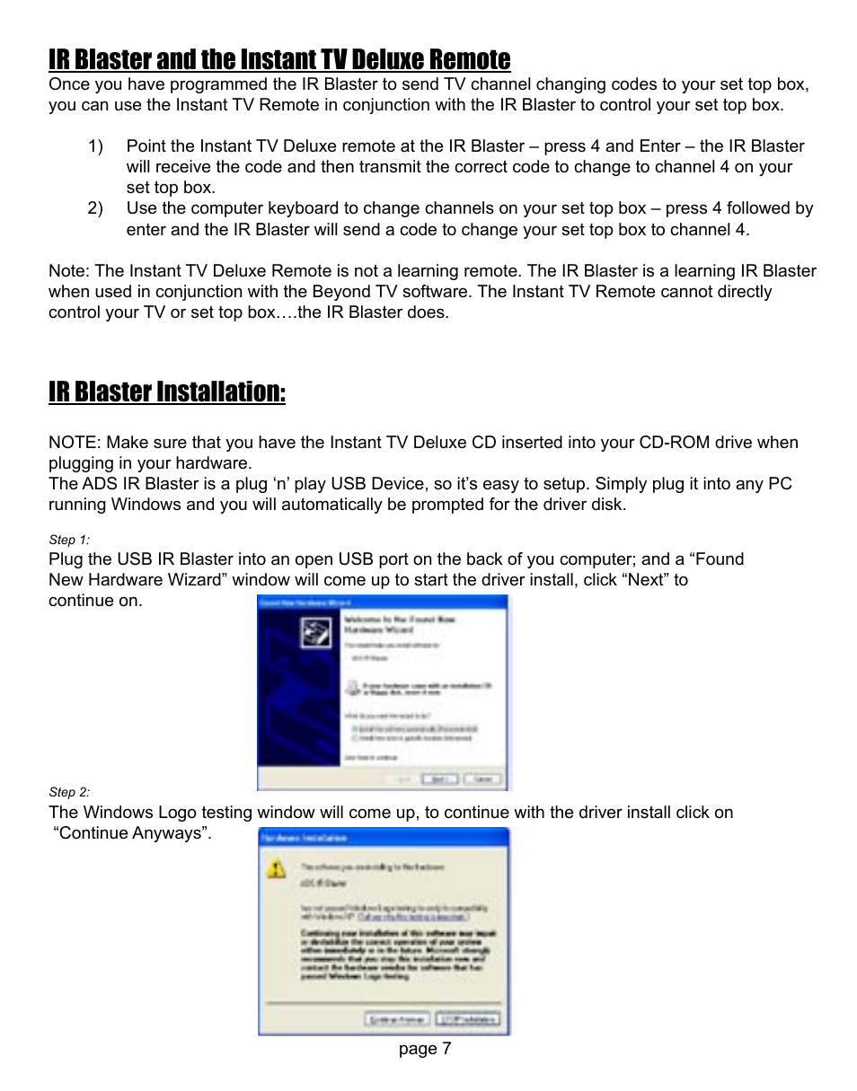 Ir blaster and the instant tv deluxe remote, Ir blaster installation | ADS Technologies CD or DVD Hardware User Manual | Page 7 / 29