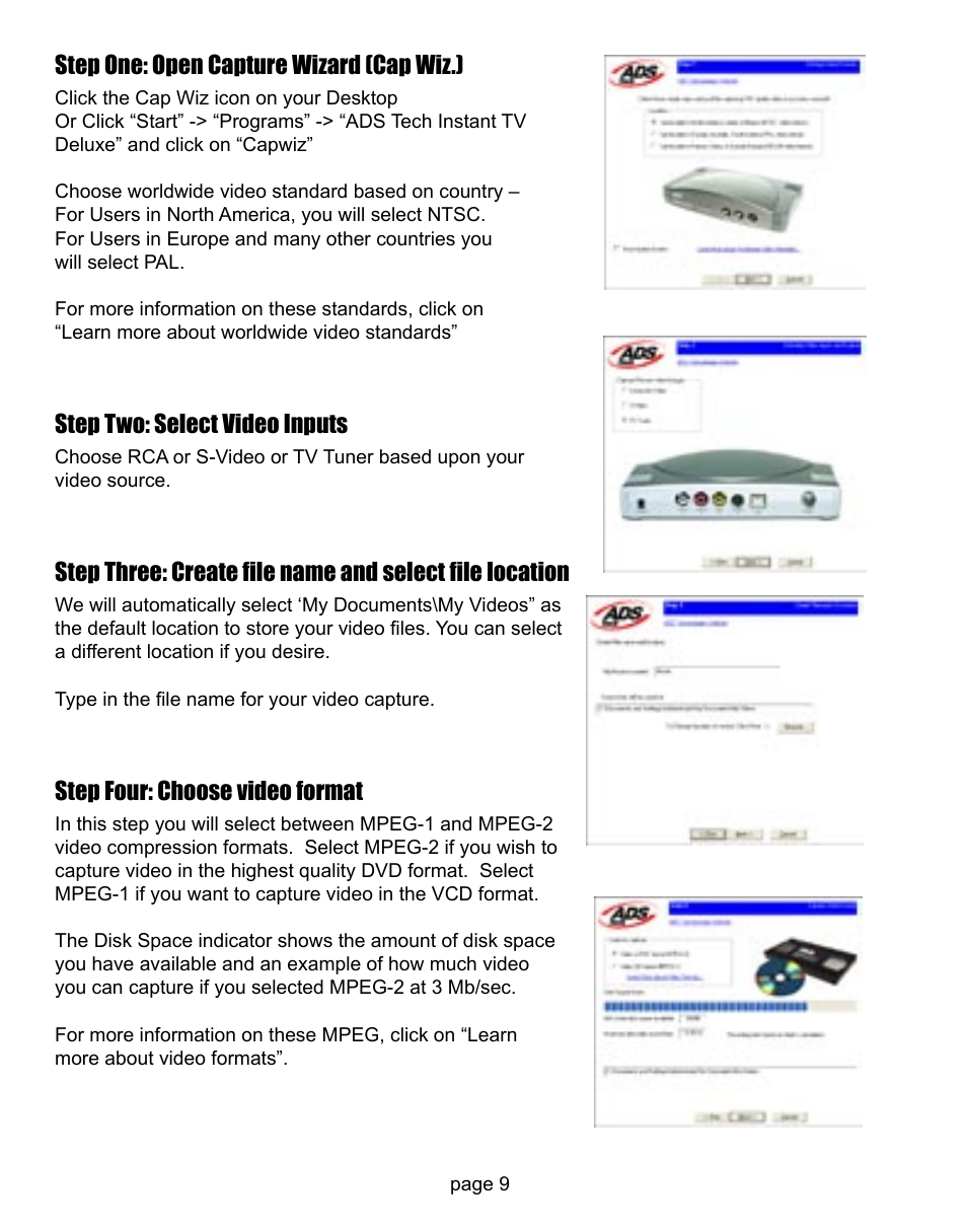 Step one: open capture wizard (cap wiz.), Step two: select video inputs, Step four: choose video format | ADS Technologies CD or DVD Hardware User Manual | Page 9 / 29