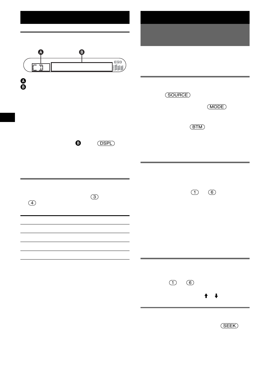 Display items, Repeat and shuffle play, Radio | Storing and receiving stations, Storing automatically - btm, Storing manually, Receiving the stored stations, Tuning automatically, Display items repeat and shuffle play, Repeat and shuffle play 1 | Sony CDX-S2250S User Manual | Page 6 / 92