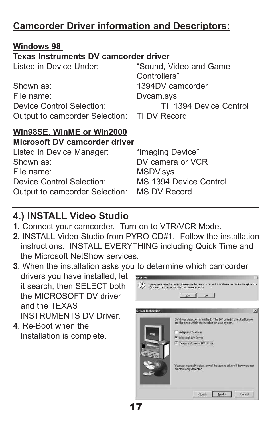) install video studio, Camcorder driver information and descriptors | ADS Technologies PYRO Digital Video None User Manual | Page 17 / 33