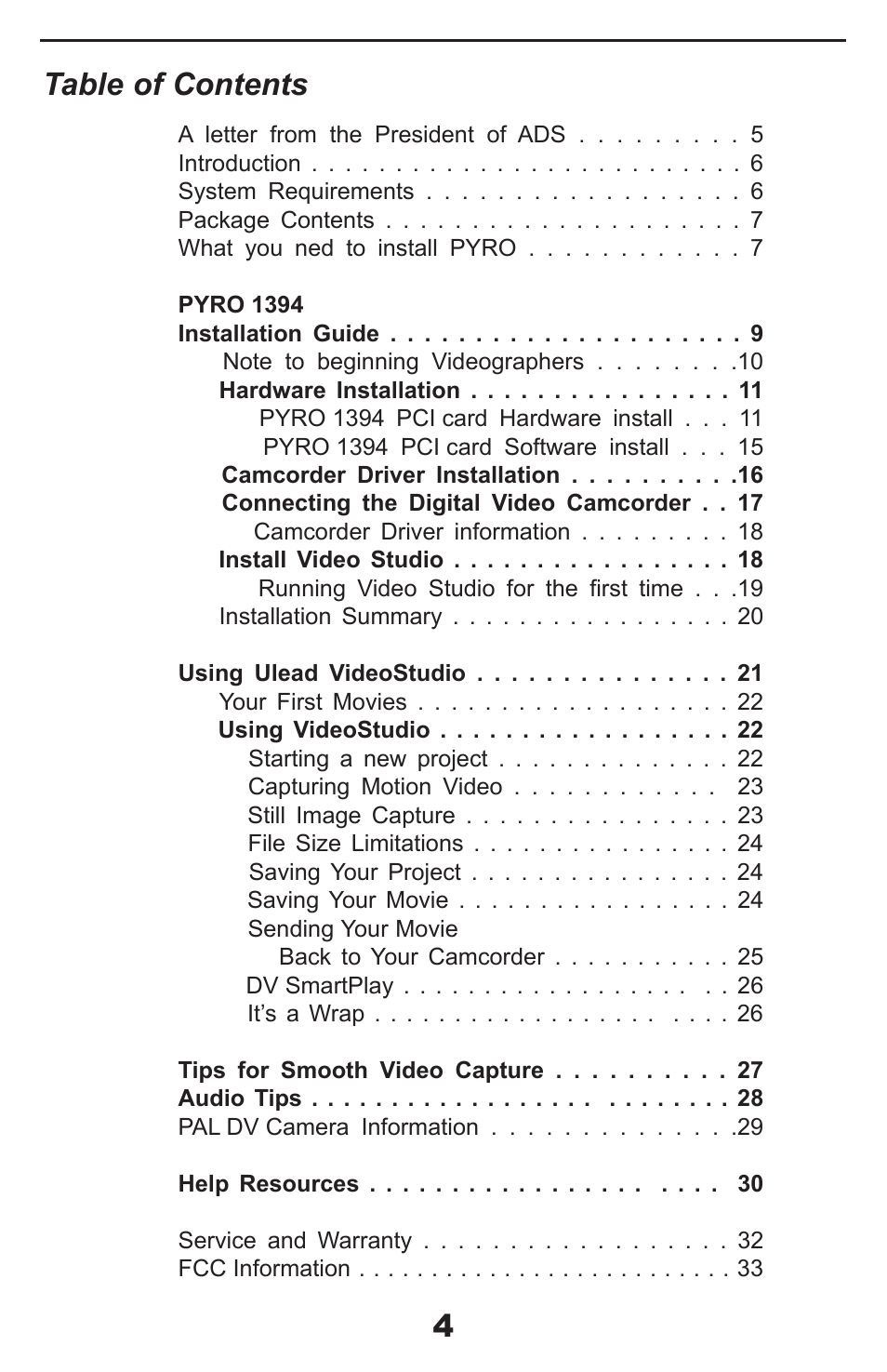 4table of contents | ADS Technologies PYRO Digital Video None User Manual | Page 4 / 33