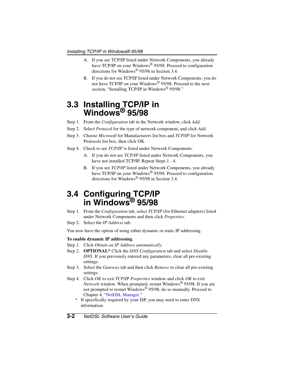Heading2 - 3.3 installing tcp/ip in windows® 95/98, Step - step 2. select the ip address tab, Installing tcp/ip in windows® 95/98 -2 | Configuring tcp/ip in windows® 95/98 -2, Configuring tcp/ip in windows® 95/98 3-2, 3 installing tcp/ip in windows, 4 configuring tcp/ip in windows | ADS Technologies NetDSL 800 ADSL Modem version 5.2b1 User Manual | Page 16 / 63