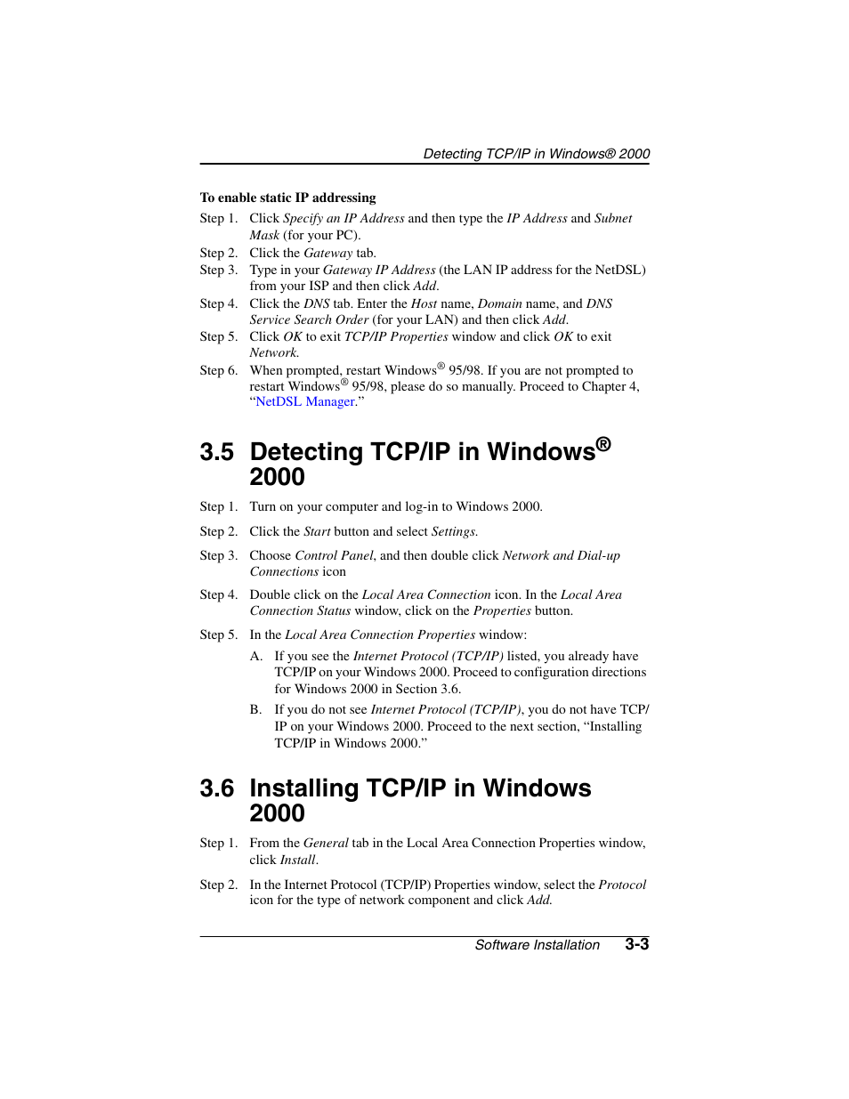 Step - step 2. click the gateway tab, Heading2 - 3.5 detecting tcp/ip in windows® 2000, Heading2 - 3.6 installing tcp/ip in windows 2000 | Detecting tcp/ip in windows® 2000 -3, Installing tcp/ip in windows 2000 -3, 5 detecting tcp/ip in windows | ADS Technologies NetDSL 800 ADSL Modem version 5.2b1 User Manual | Page 17 / 63