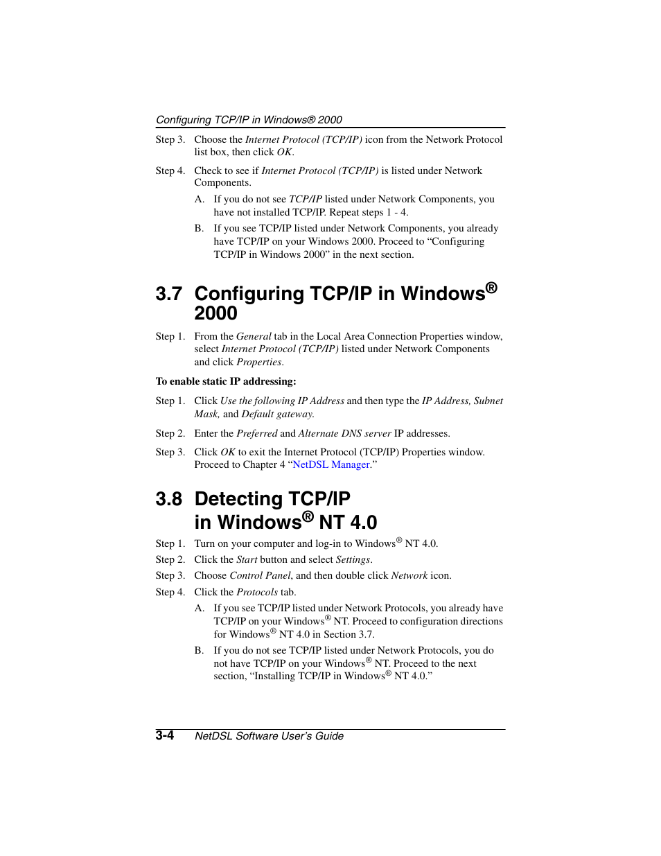 Heading2 - 3.7 configuring tcp/ip in windows® 2000, Heading2 - 3.8 detecting tcp/ip in windows® nt 4.0, Step - step 4. click the protocols tab | Configuring tcp/ip in windows® 2000 -4, Detecting tcp/ip in windows® nt 4.0 -4, Configuring tcp/ip in windows® 2000 . 3-4, 7 configuring tcp/ip in windows, 8 detecting tcp/ip in windows, Nt 4.0 | ADS Technologies NetDSL 800 ADSL Modem version 5.2b1 User Manual | Page 18 / 63
