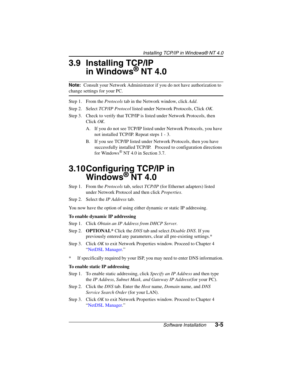 Step - step 2. select the ip address tab, Installing tcp/ip in windows® nt 4.0 -5, Configuring tcp/ip in windows® nt 4.0 -5 | Configuring tcp/ip in windows® nt 4.03-5, 9 installing tcp/ip in windows, Nt 4.0, 10configuring tcp/ip in windows | ADS Technologies NetDSL 800 ADSL Modem version 5.2b1 User Manual | Page 19 / 63