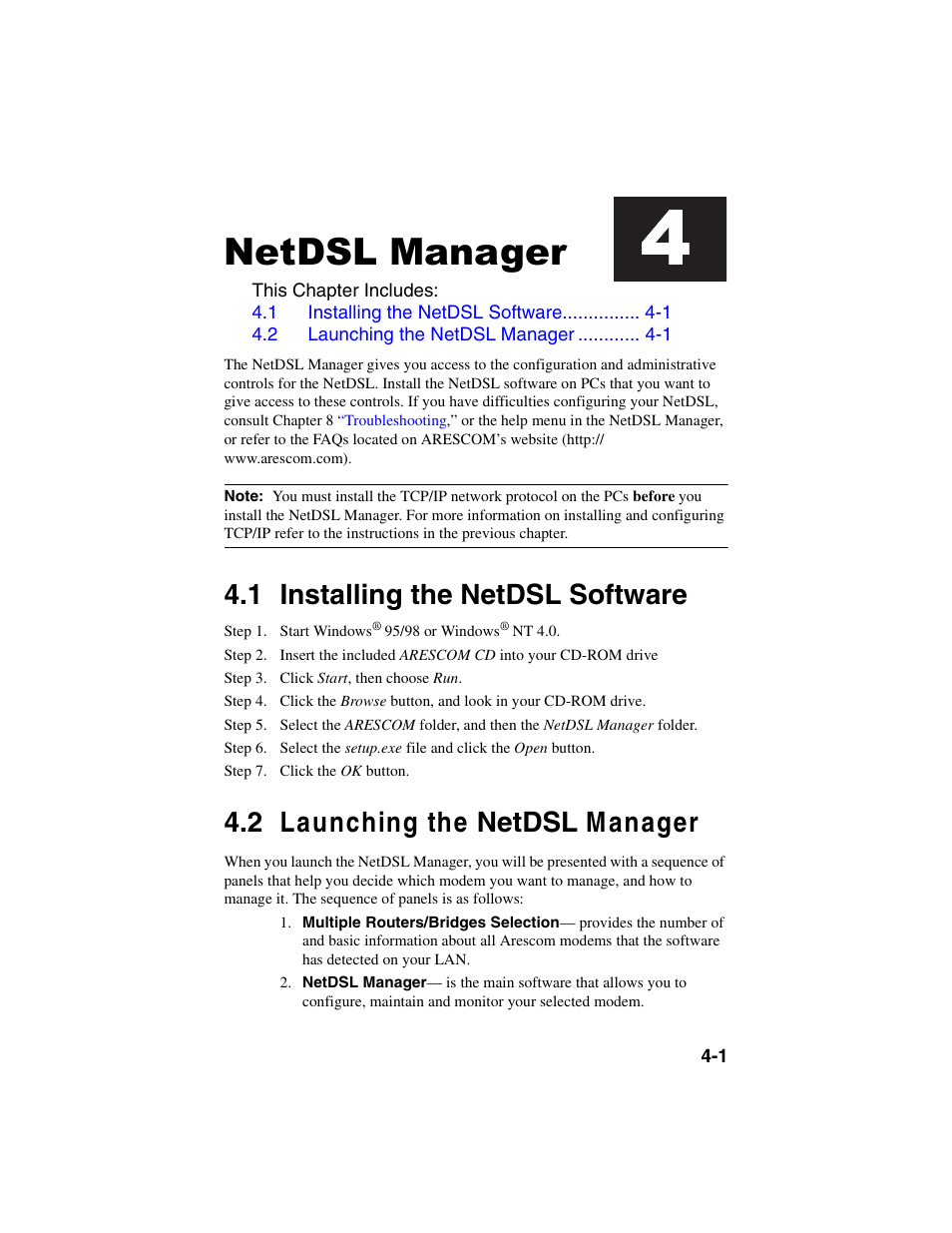 Heading1 - netdsl manager, Heading2 - 4.1 installing the netdsl software, Step - step 3. click start, then choose run | Step - step 7. click the ok button, Heading2 - 4.2 launching the netdsl manager, Netdsl manager, Installing the netdsl software -1, Launching the netdsl manager -1, 1 installing the netdsl software, 2 launching the netdsl m anager | ADS Technologies NetDSL 800 ADSL Modem version 5.2b1 User Manual | Page 25 / 63