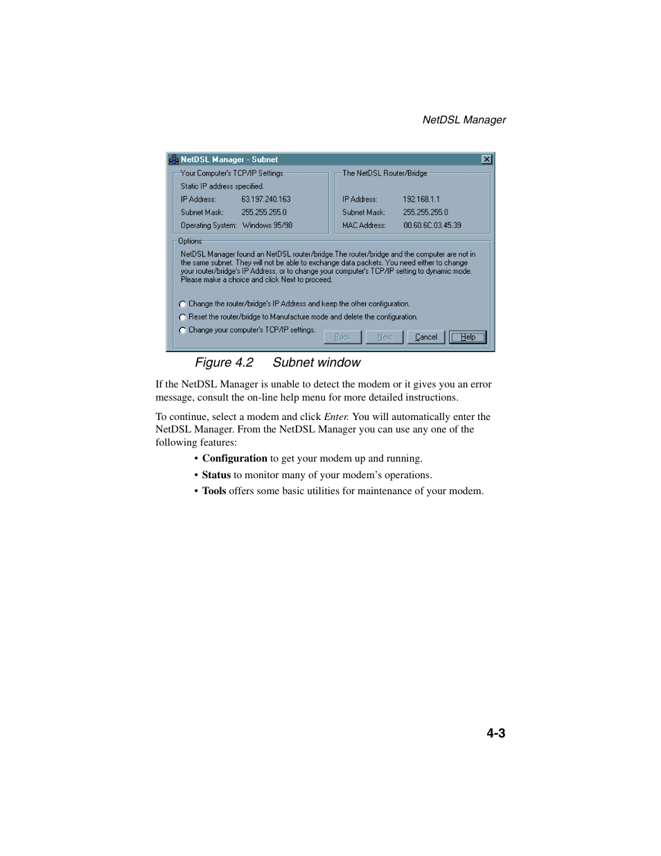 Figure - figure 4.2 subnet window | ADS Technologies NetDSL 800 ADSL Modem version 5.2b1 User Manual | Page 27 / 63