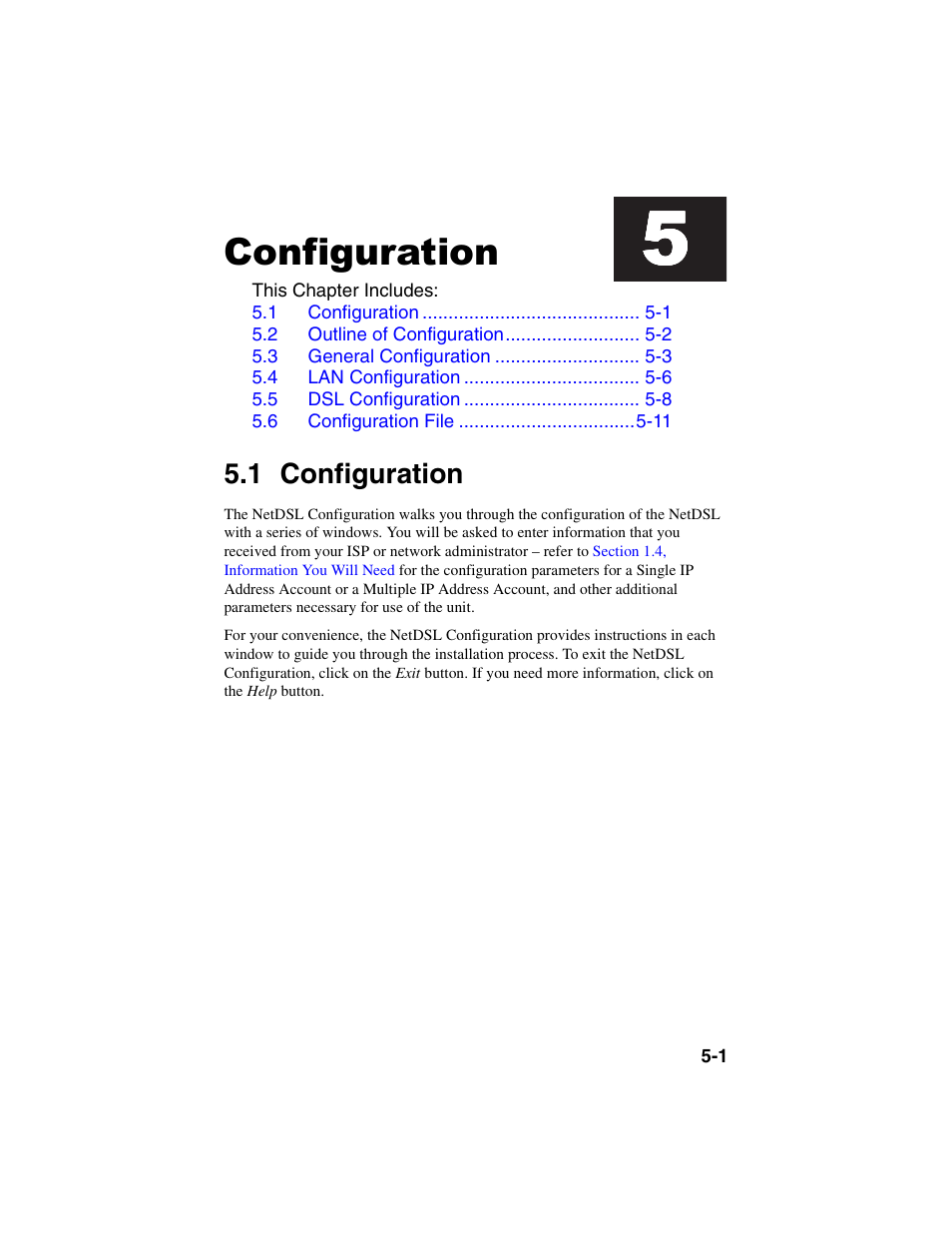 Heading1 - configuration, Heading2 - 5.1 configuration, Configuration | Configuration -1, 1 configuration | ADS Technologies NetDSL 800 ADSL Modem version 5.2b1 User Manual | Page 31 / 63